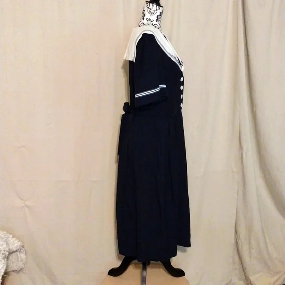 Vintage 80's 90's J.B.S. LTD Navy Blue Sailor Inspired Midi Dress USA Made - Picture 4 of 14